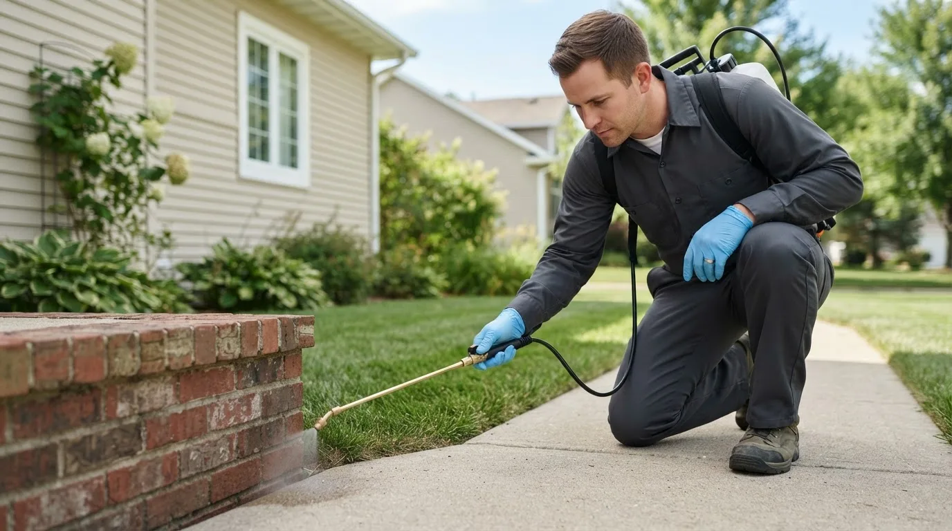 Pest control technician treating a home near Linville, NC